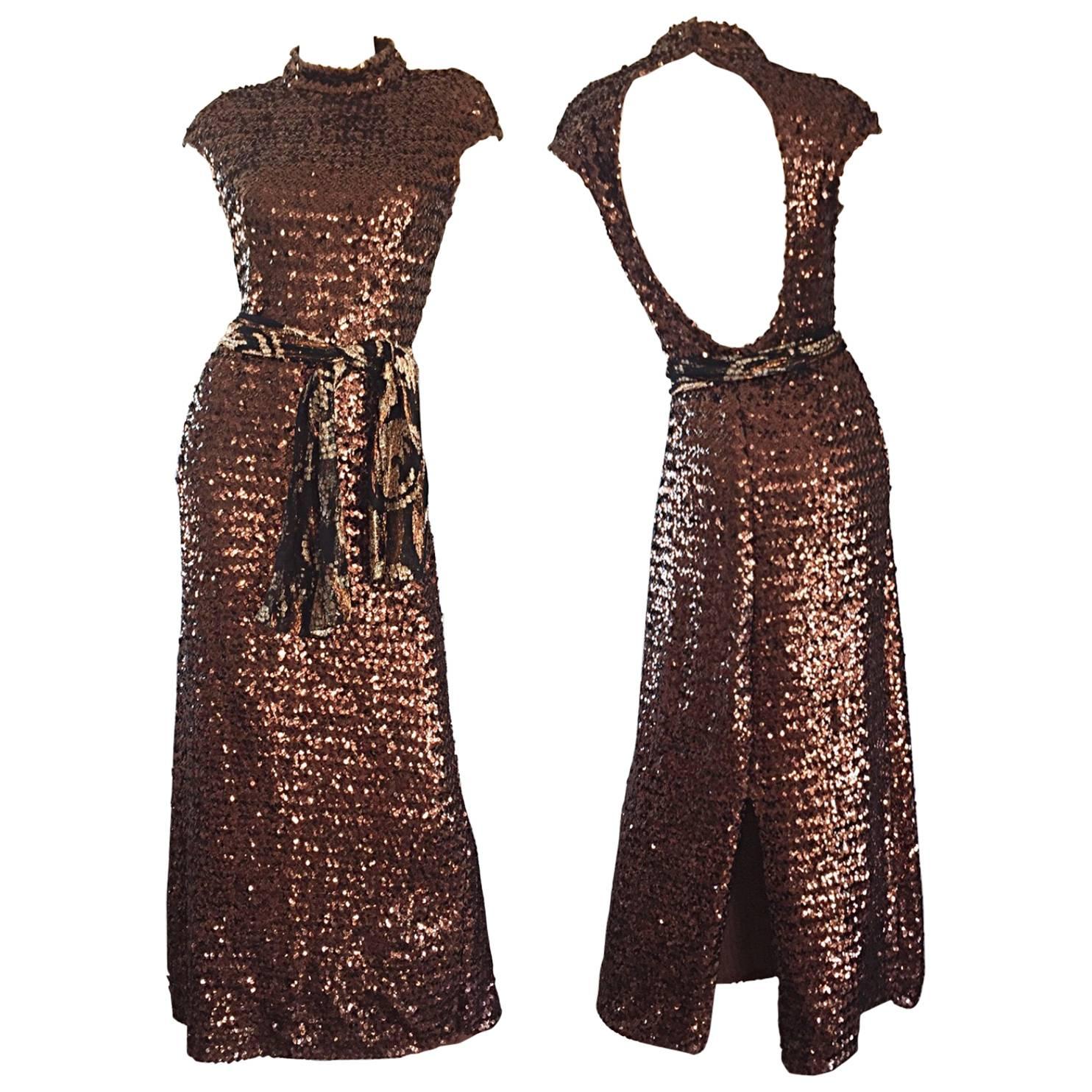 Amazing 1970s 70s Chocolate Brown Sequined Open - Back Knit Dress / Gown
