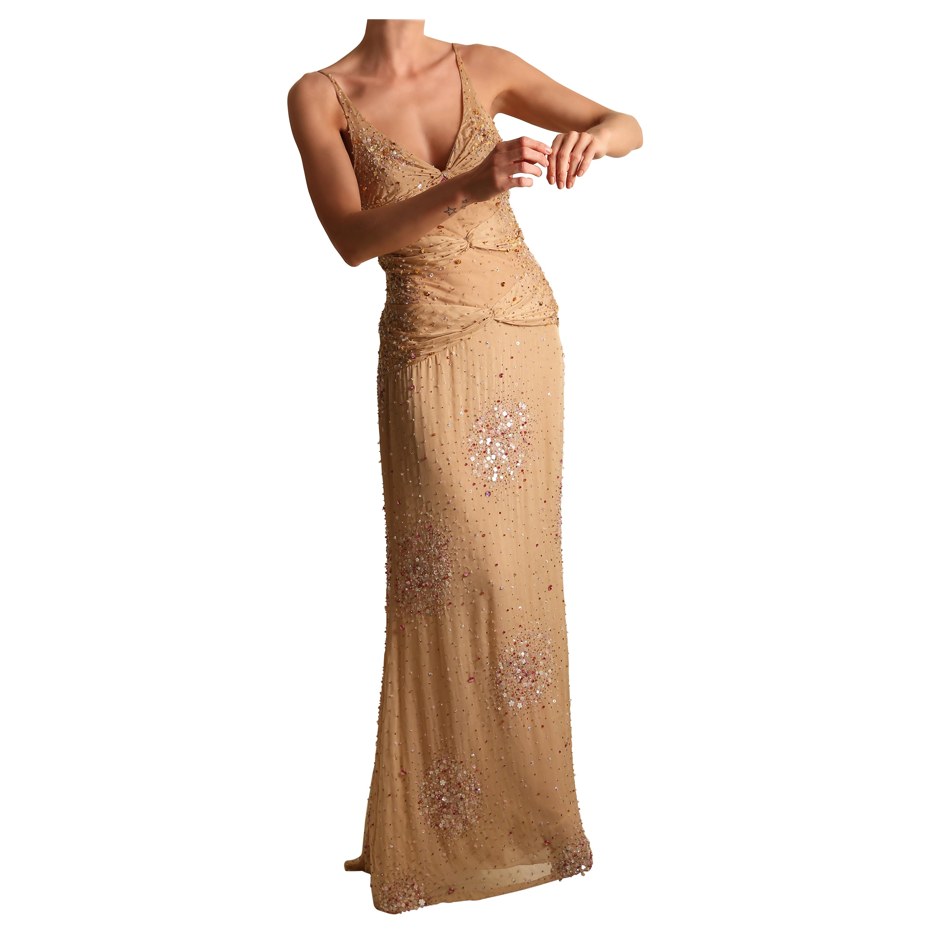 Vintage Valentino SS01 nude cut out sheer sequin embellished plunging dress gown