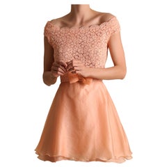 Retro Valentino sleeveless lace peach pink babydoll flared mini cocktail dress