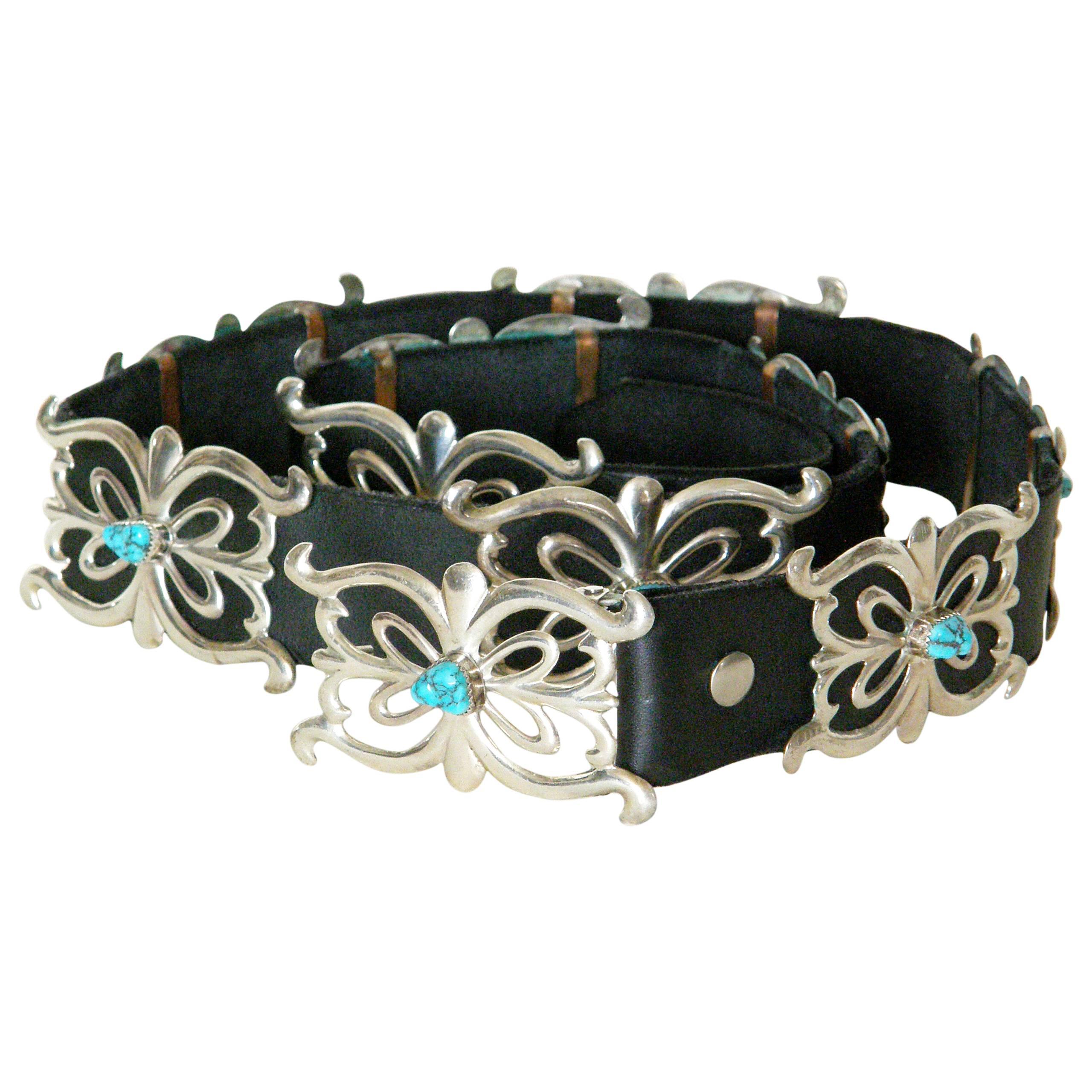 Native American Sterling and Turquoise Concho Belt on Black Leather