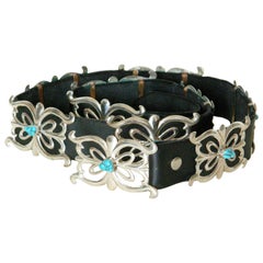 Retro Native American Sterling and Turquoise Concho Belt on Black Leather