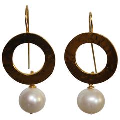 Herve van der Straeten Hammered Gold and Pearl Drop Earrings