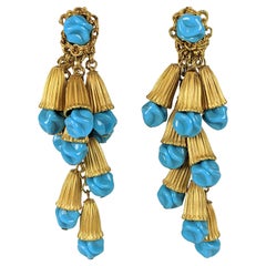 Retro Miriam Haskell Ribbed Gold and Turquoise Pate de Verre Earrings 