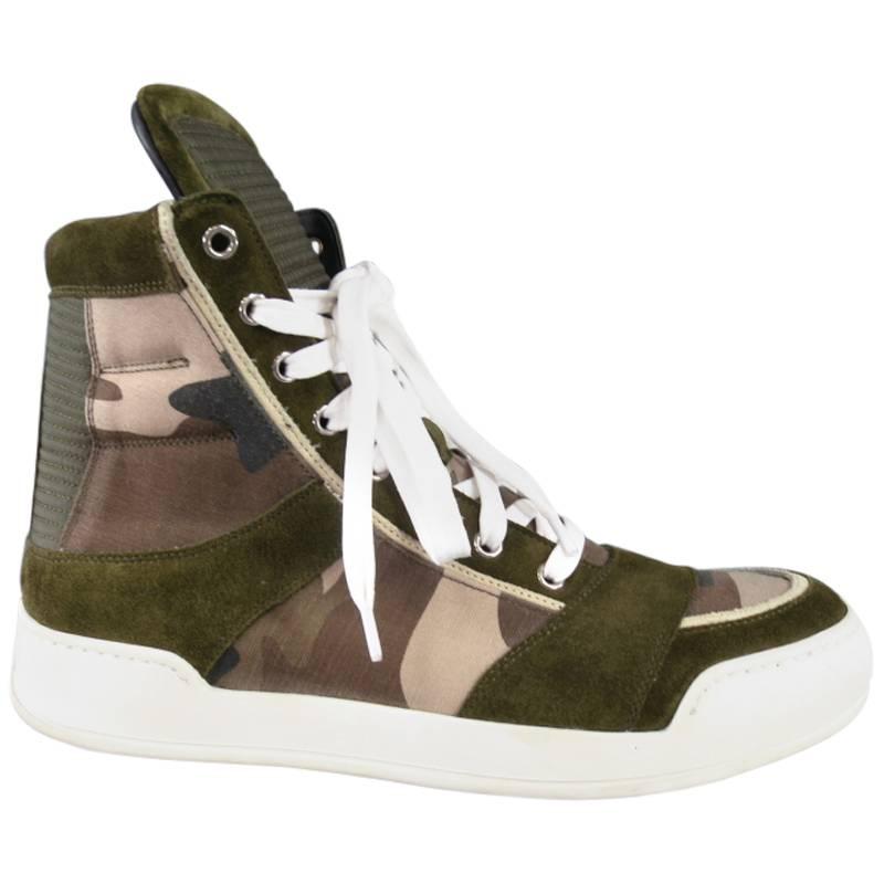 BALMAIN Size 7 Green Camouflage Canvas 
Leather High Top Sneakers