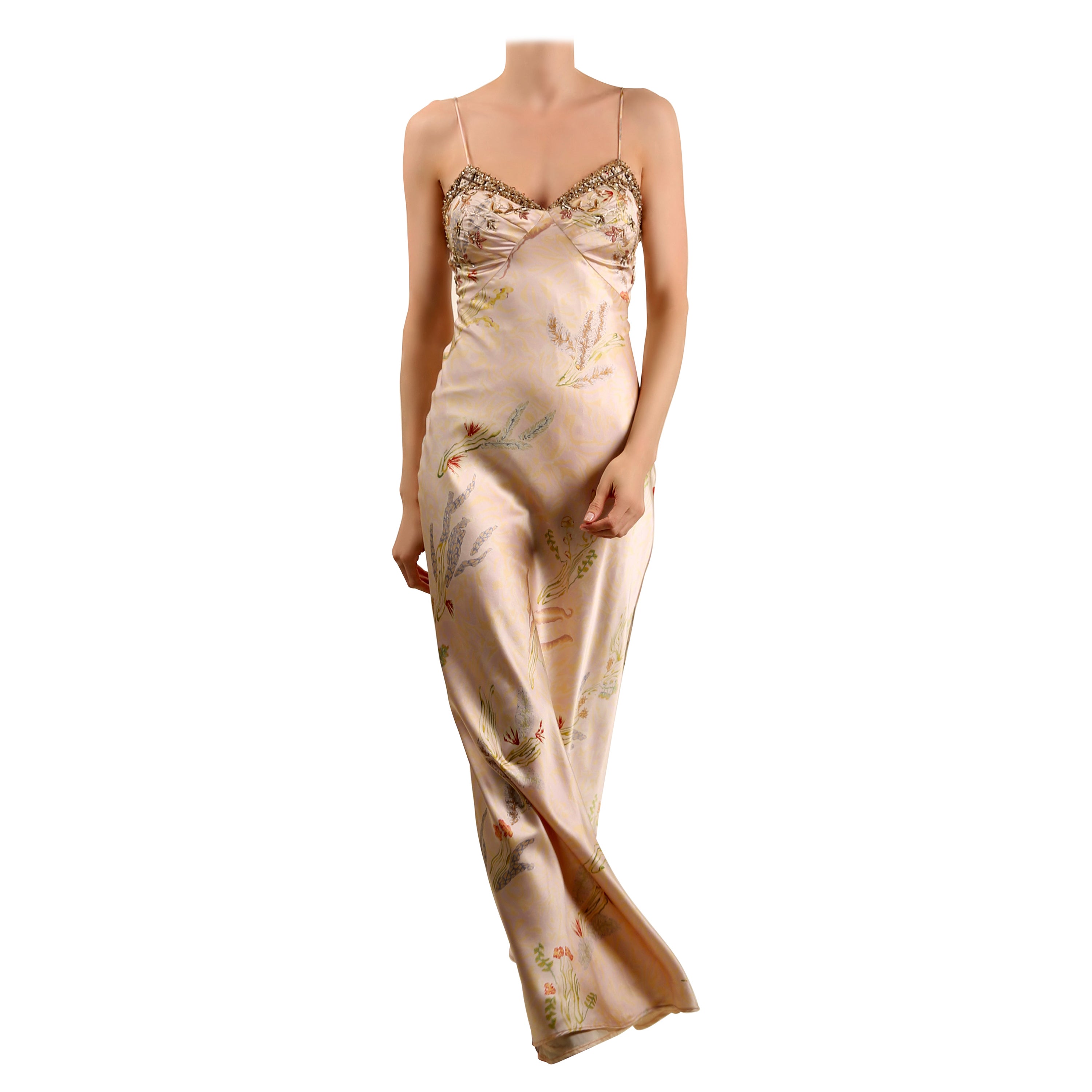 Oscar de la Renta vintage 1998 pink floral embellished silk slip maxi dress gown