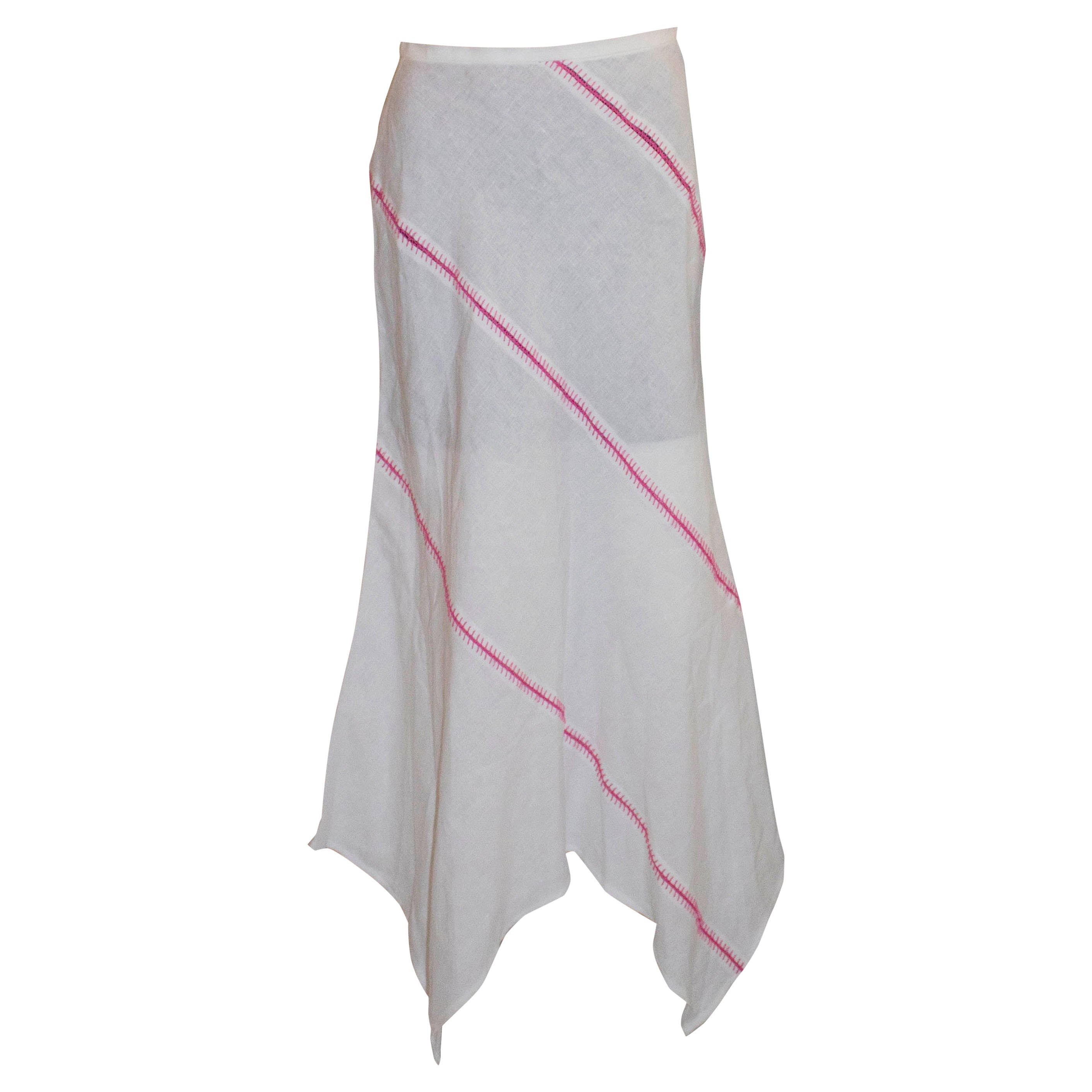 Escada White Linen Skirt with Pink Stitch Detail For Sale