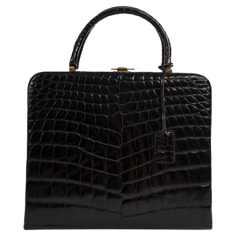 1950s/60s ELIZABETH ARDEN Black Crocodile Pattern Leather Vanity Case or Handbag