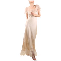 Vintage pink lace floral sheer silk ruffle nightgown robe bias maxi slip dress