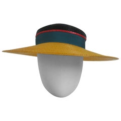 1980s Frank Olive Color Block Straw Hat with Bow 