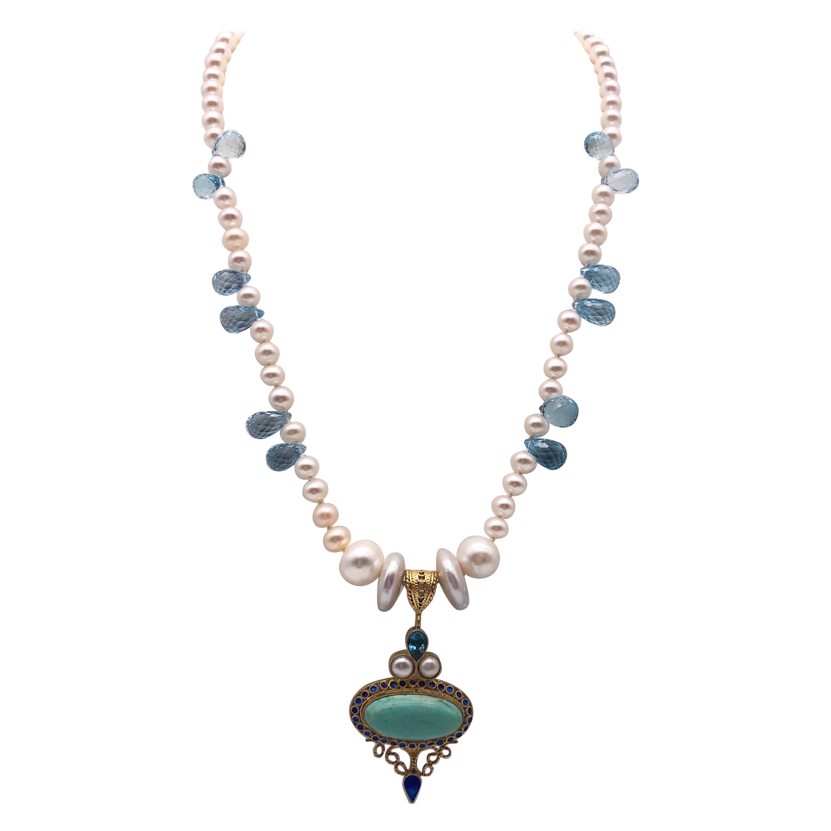 A.Jeschel  Lustrous Pearls between Blue Topaz teardrops necklace.