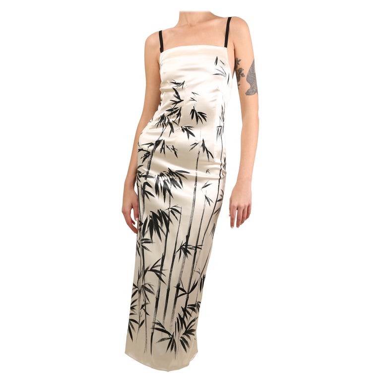 Dolce and Gabbana vintage ivory black satin midi maxi abstract print dress  For Sale at 1stDibs