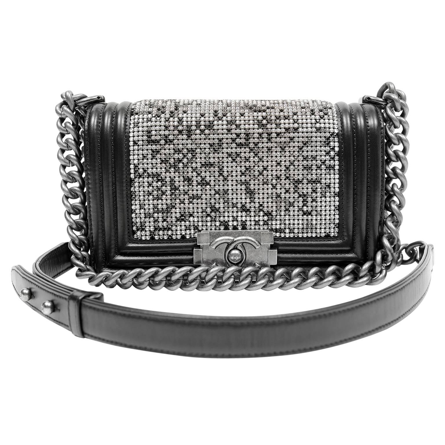 Chanel Swarovski Crystal Boy Bag- Black Leather with Ruthenium HW For Sale
