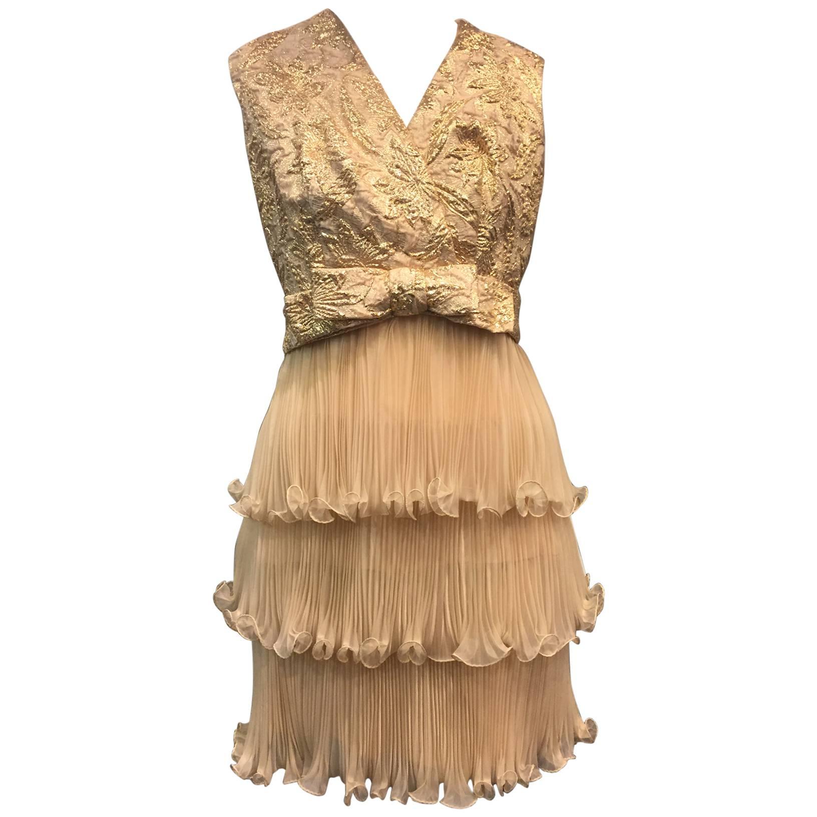 1960s Gold Lame Brocade and Nude Micro-Pleated Organza Cocktail Dress 