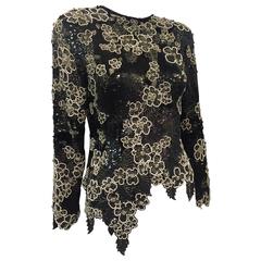 1980s Riazee Black and White Sequin Beaded Floral Silk Tunic