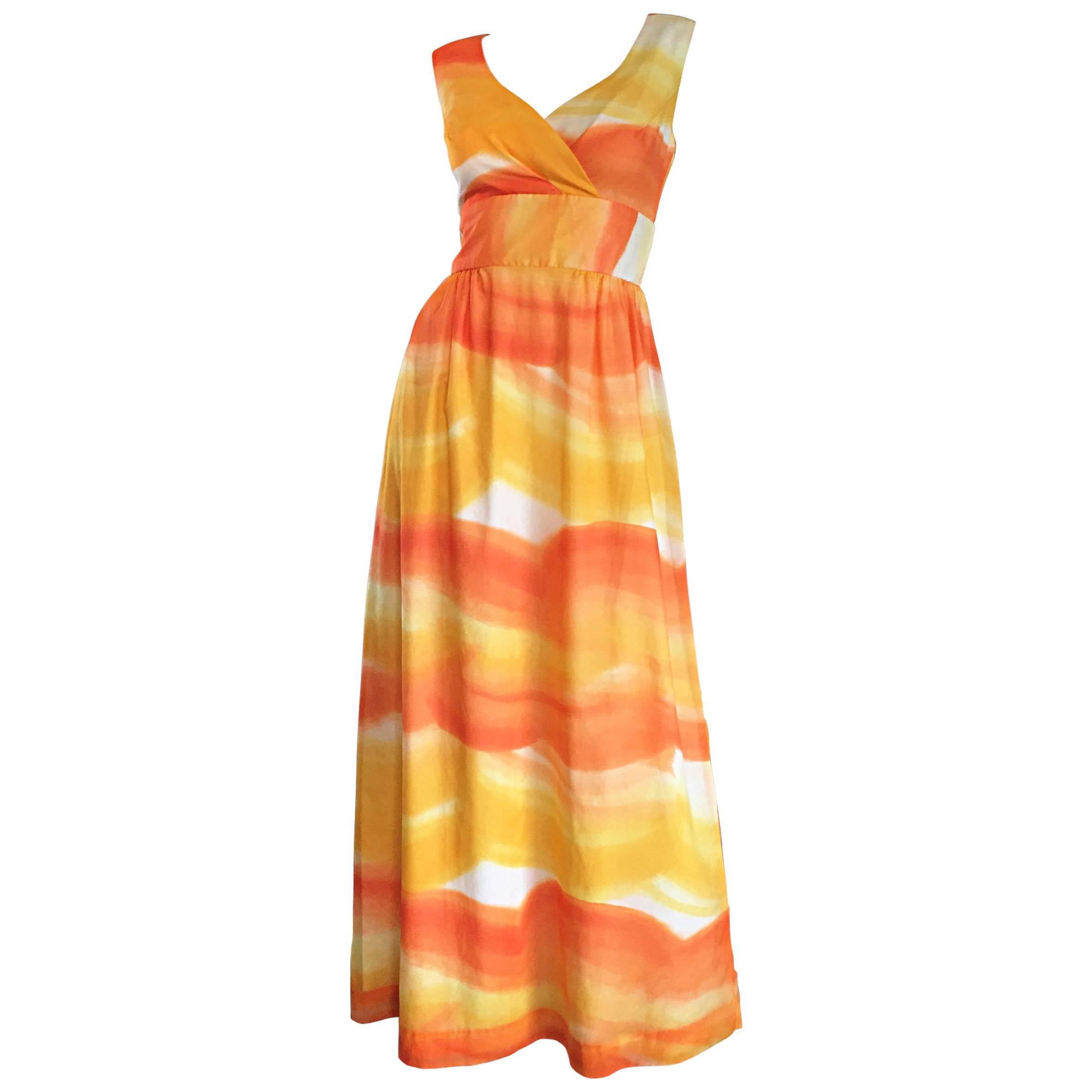 1970s Bullocks Wilshire Orange + Yellow + White Watercolor 70s Silk Maxi Dress