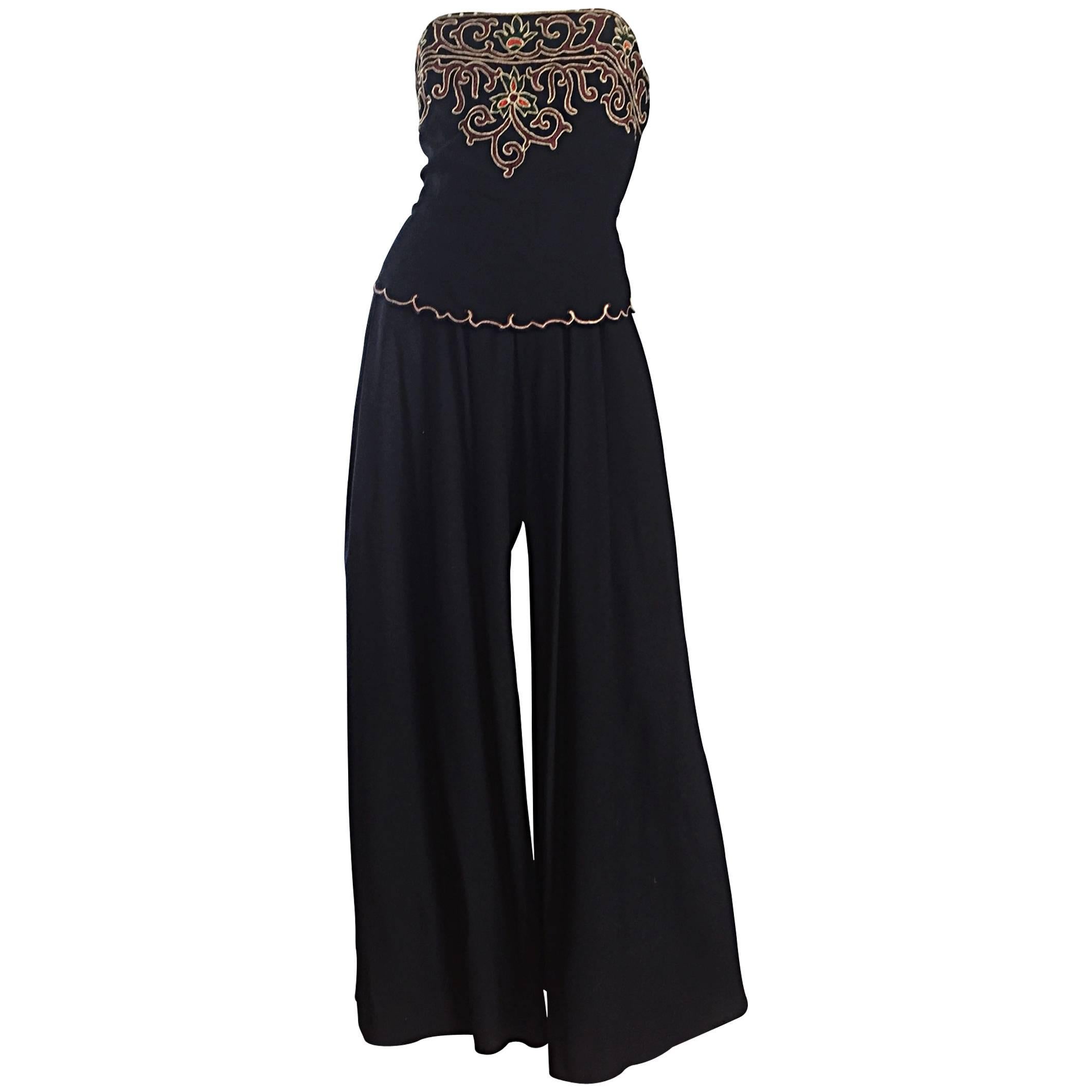 Exceptional Vintage Pierre Balmain Black Strapless Jumpsuit w/ Regal Embroidery For Sale