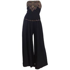 Exceptional Retro Pierre Balmain Black Strapless Jumpsuit w/ Regal Embroidery 