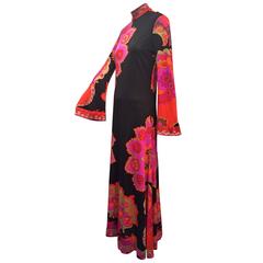 1970s Leonard Silk Jersey Psychedelic Maxi Dress with Bell Sleeve