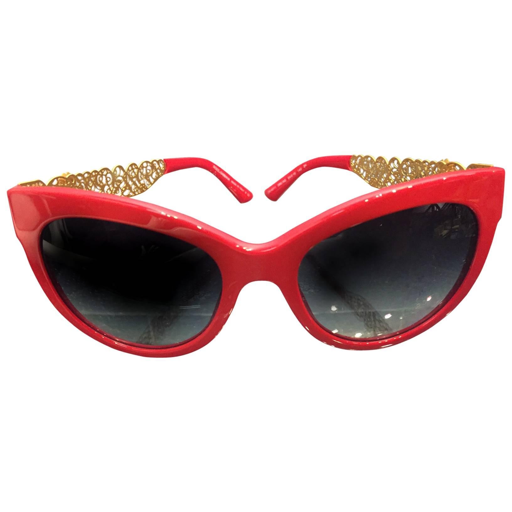 1980s Dolce and Gabbana Red Cat Eye Sunglasses w/ Gold-Tone Filigree Arms