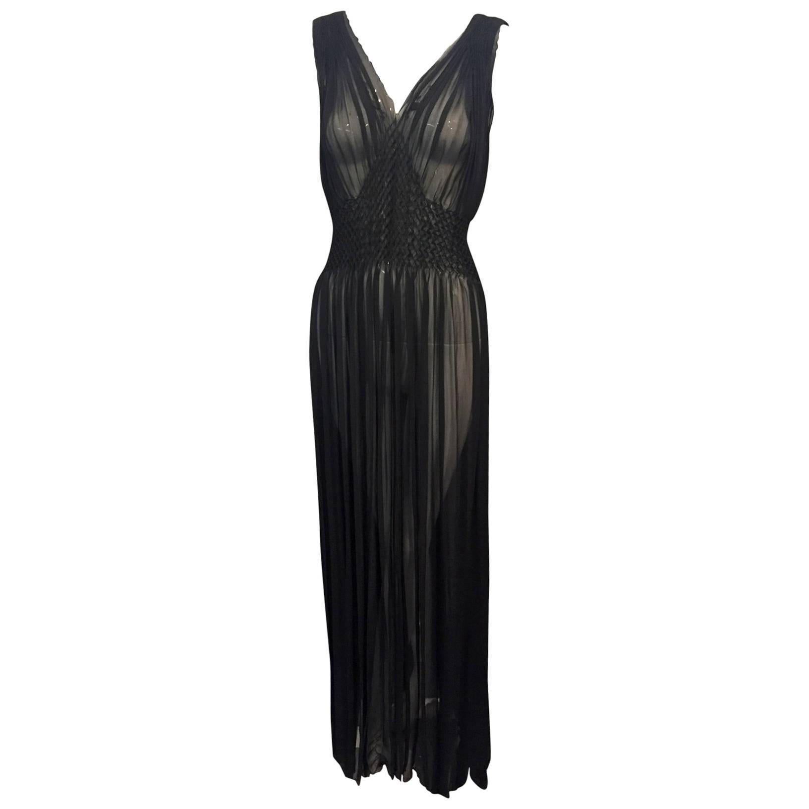 1930s Silk Chiffon Smocked-Waist Slip or Negligee with Embroidered Décolletage