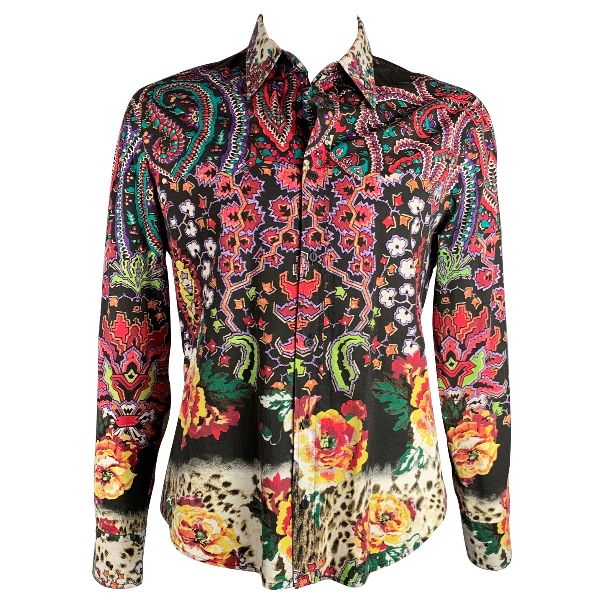 JUST CAVALLI Size XXL Multi-Color Print Cotton Blend Button Up Long Sleeve Shirt