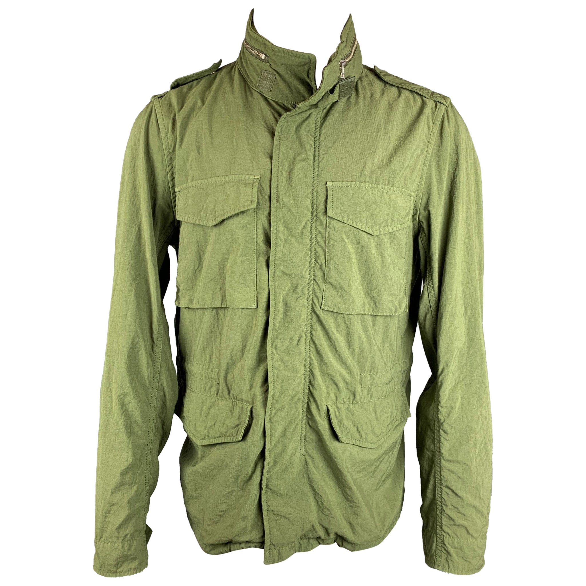 BEAMS PLUS Size L Green Nylon Zip and Snaps Hooded Military Jacket For Sale  at 1stDibs