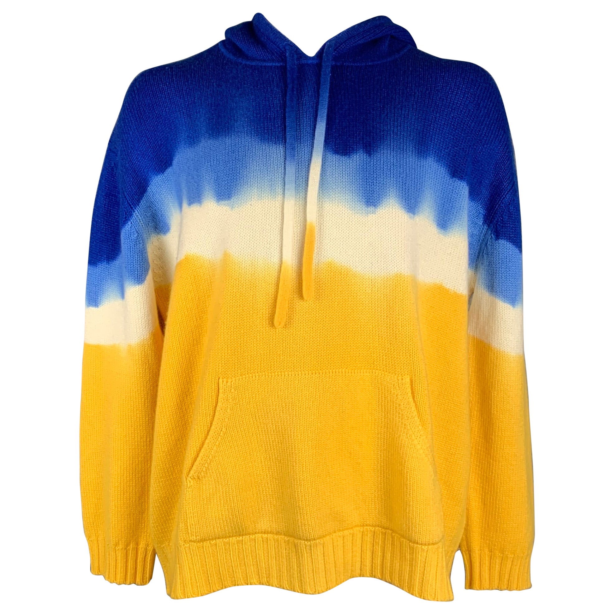 PRABAL GURUNG Size XL Blue & Yellow Tie Dye Cashmere Hooded Sweater