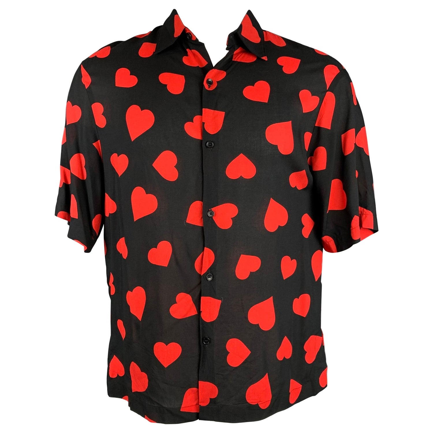 SANDRO Size L Black & Red Heart Print Viscose Button Up Short Sleeve Shirt