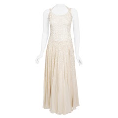 Vintage 1940's Harry Cooper of Hollywood Ivory Sequin Chiffon Halter Bridal Gown