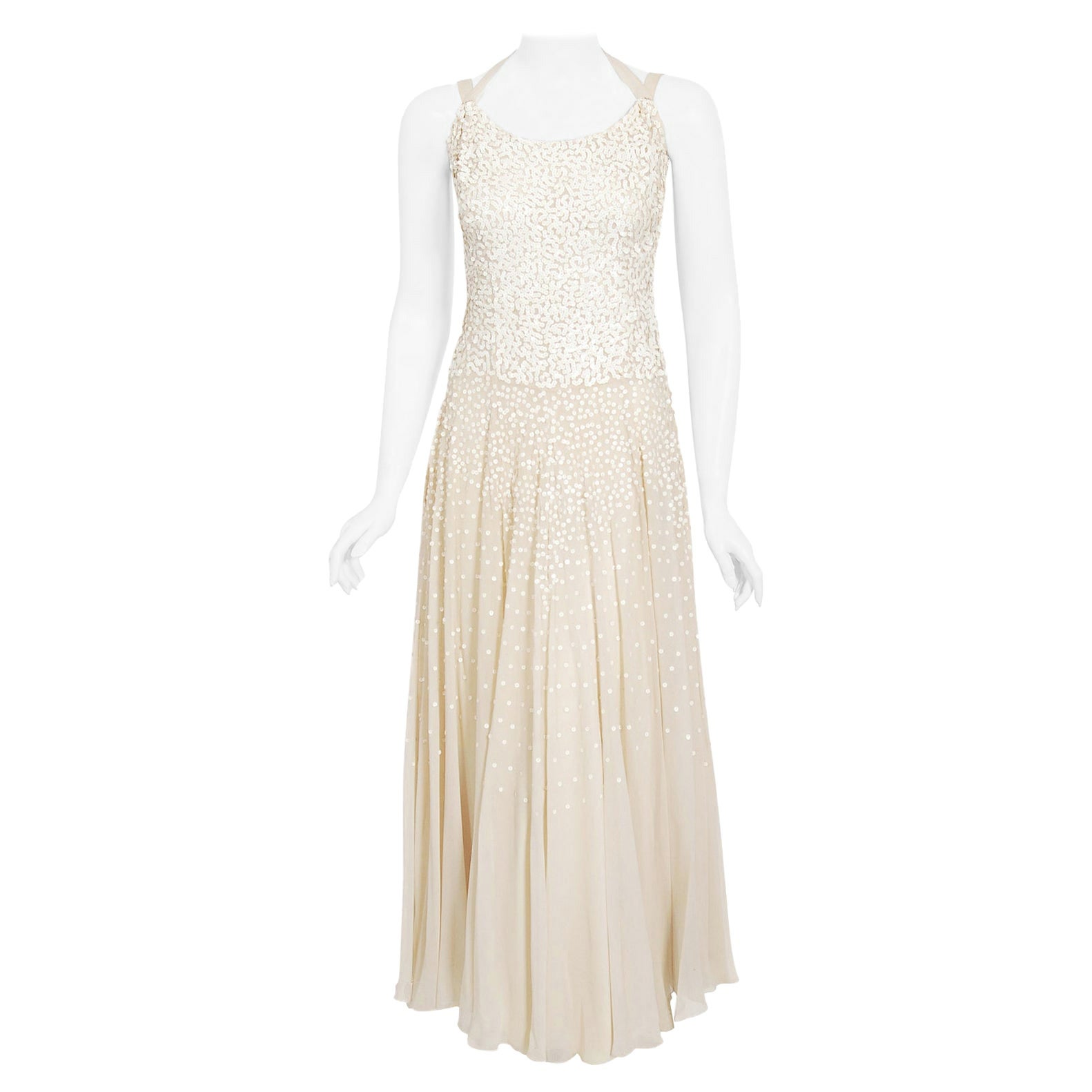 Vintage 1940's Harry Cooper of Hollywood Ivory Sequin Chiffon Halter Bridal Gown For Sale