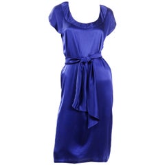Yves Saint Laurent Blue Silk Charmeuse Evening Dress With Sash Belt