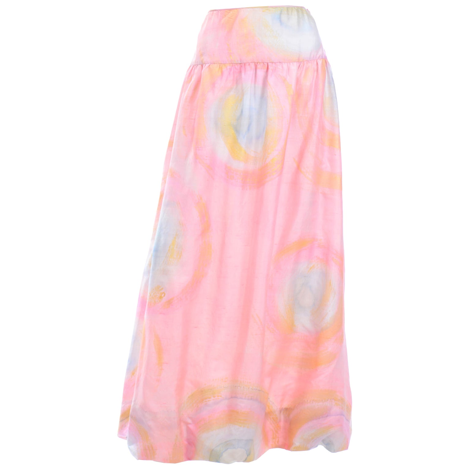 1970 Mary McFadden Vintage Silk Pink Pastel Watercolor Tye Dye Maxi Skirt