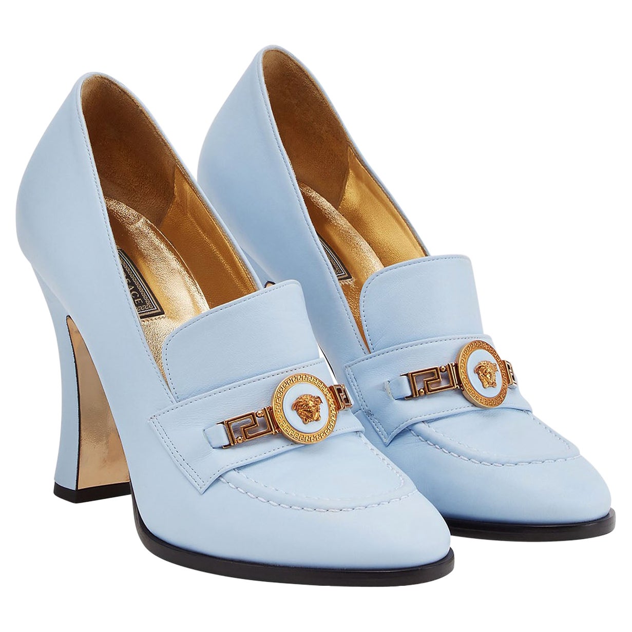 New Versace Runway S/S 2018 Baby Blue Lamb Leather Medusa Pumps Shoes 37.5