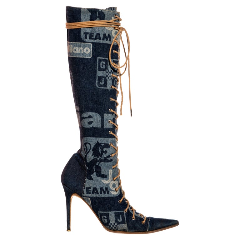 John Galliano blue denim lace up knee high boots, ss 2002 at 1stDibs