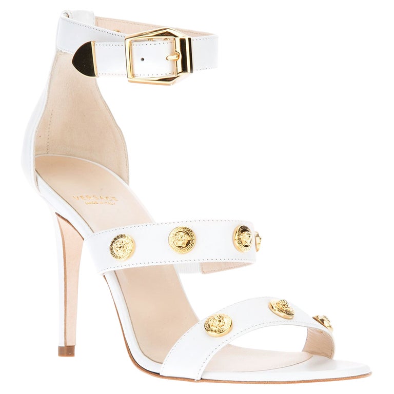 New Versace Signature Medusa Medallion Ankle-Strap White Leather Sandals 40  - 10 For Sale at 1stDibs