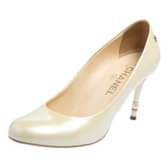 Chanel Light Cream Patent Leather CC Pearl Embellished Heel Pumps Size 37.5