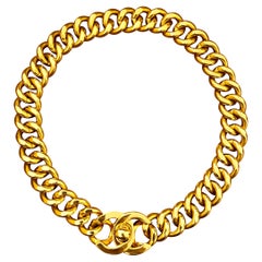 1990s Chanel Gold Toned Turnlock Chain Necklace Turn Lock
