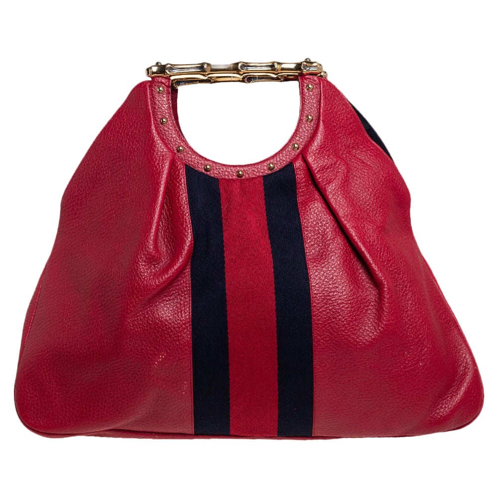 Gucci Red Leather Web Metal Bamboo Tote at 1stDibs