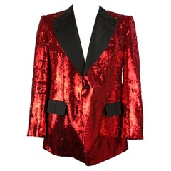 DOLCE & GABBANA Size 44 Regular Red & Black Sequined Peak Lapel Sport Coat