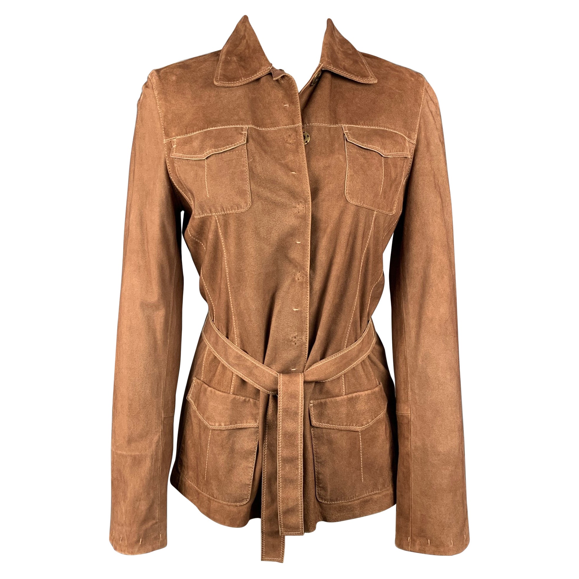 ELIE TAHARI Size S Tan Contrast Stitching Suede Belted Jacket