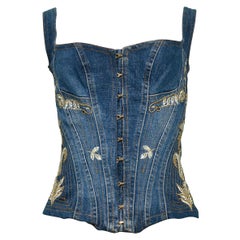 Roberto Cavalli Denim Corset Top With Gold Embroidery