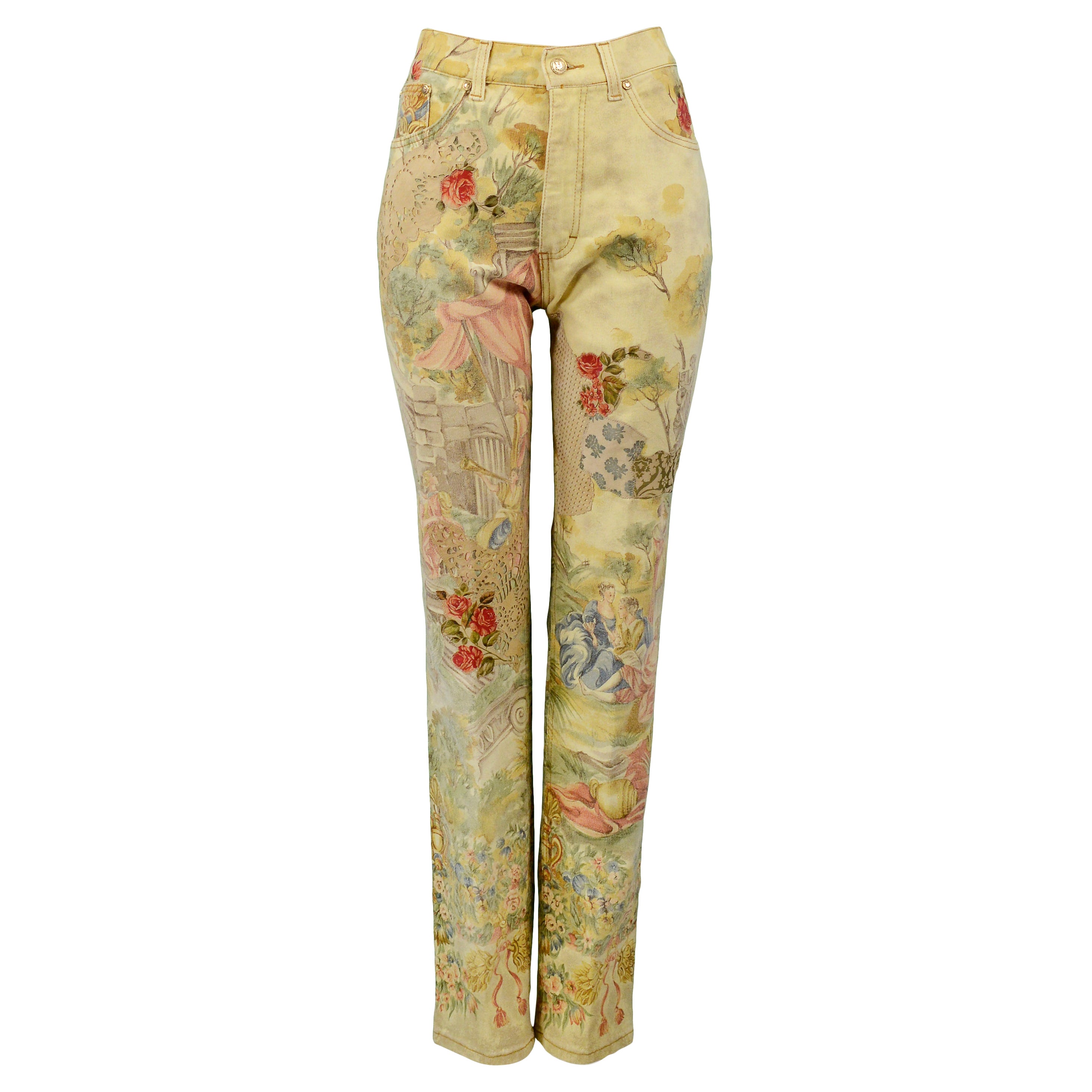 Roberto Cavalli Vintage Victorian Print Jeans With Suede Roses For Sale