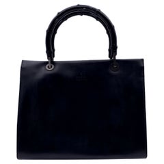 Gucci Vintage Black Smooth Leather Bamboo Handbag Satchel