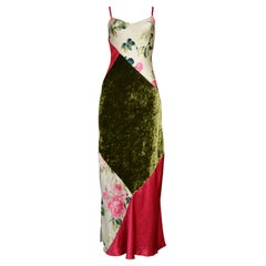 Vintage Roberto Cavalli Pink Floral Slip Dress With Green Velvet Insets 1990s