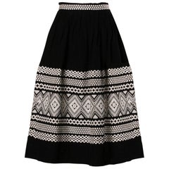 1950s Vintage Black + White Embroidered Wool Skirt with Box Pleats