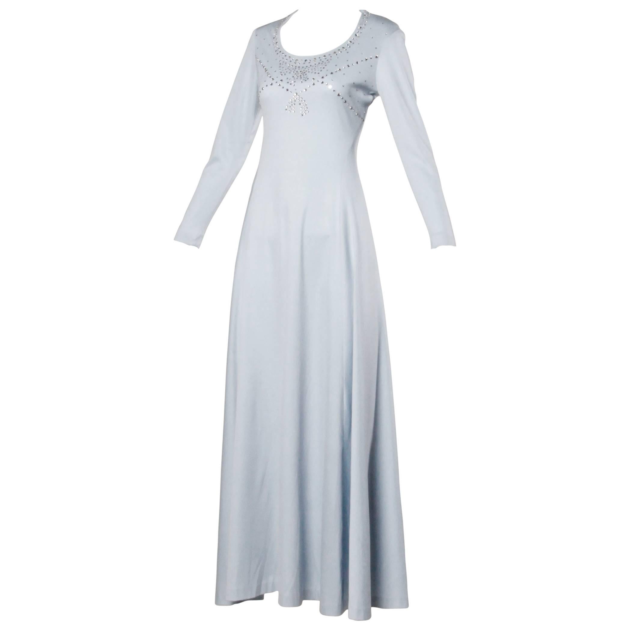 1970s Pale Blue Jersey Knit Maxi Dress with Prong-Set Rhinestones + Long Sleeves For Sale
