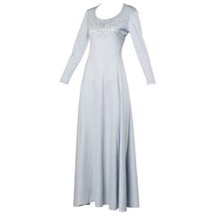 1970s Pale Blue Jersey Knit Maxi Dress with Prong-Set Rhinestones + Long Sleeves