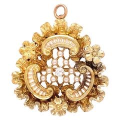Antique Diamond Enamel and Seed Pearl Pendant Brooch Estate Fine Jewelry