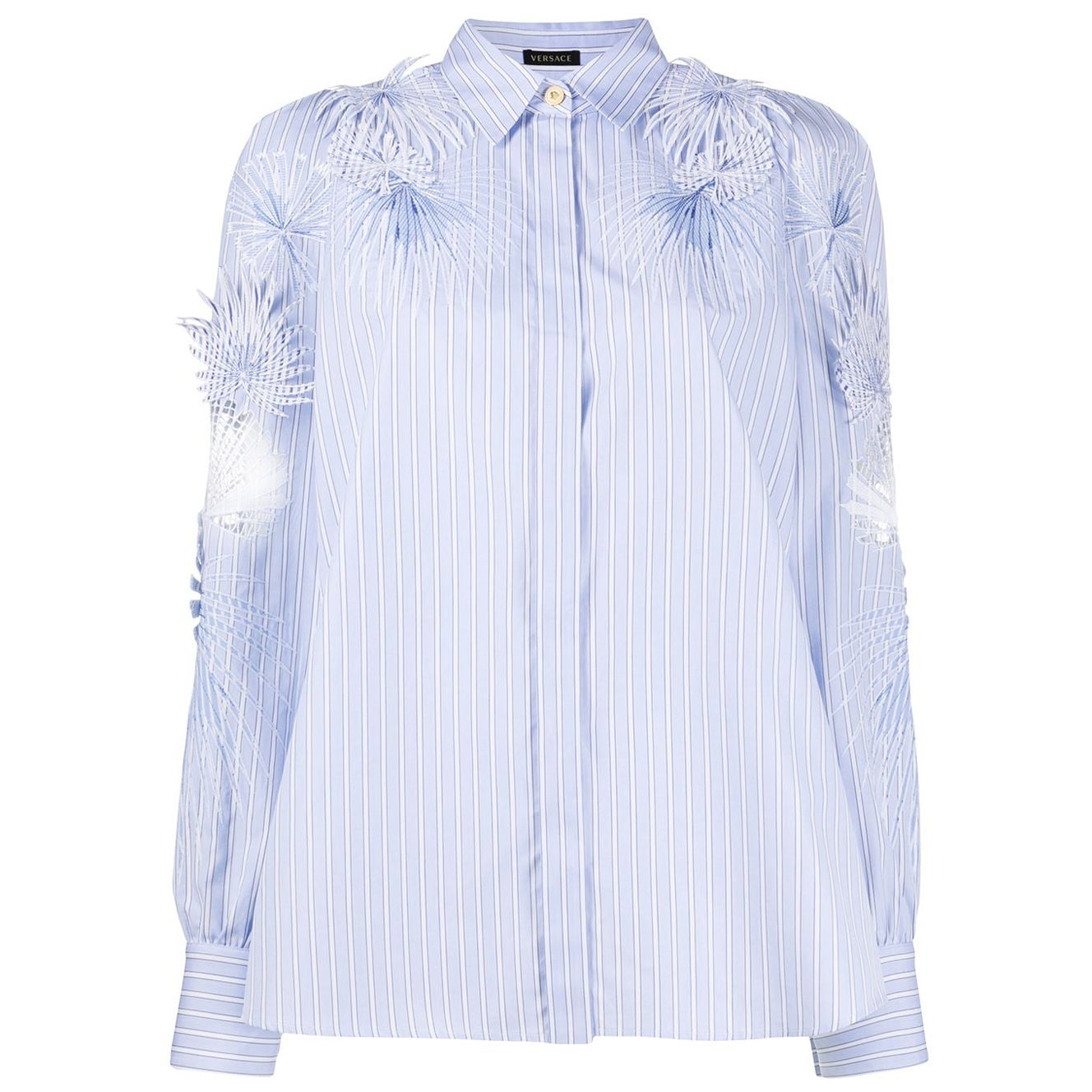 Versace Runway Blue Stripe Cotton Button Down Shirt Seen On Kendall Jenner SZ 38 For Sale
