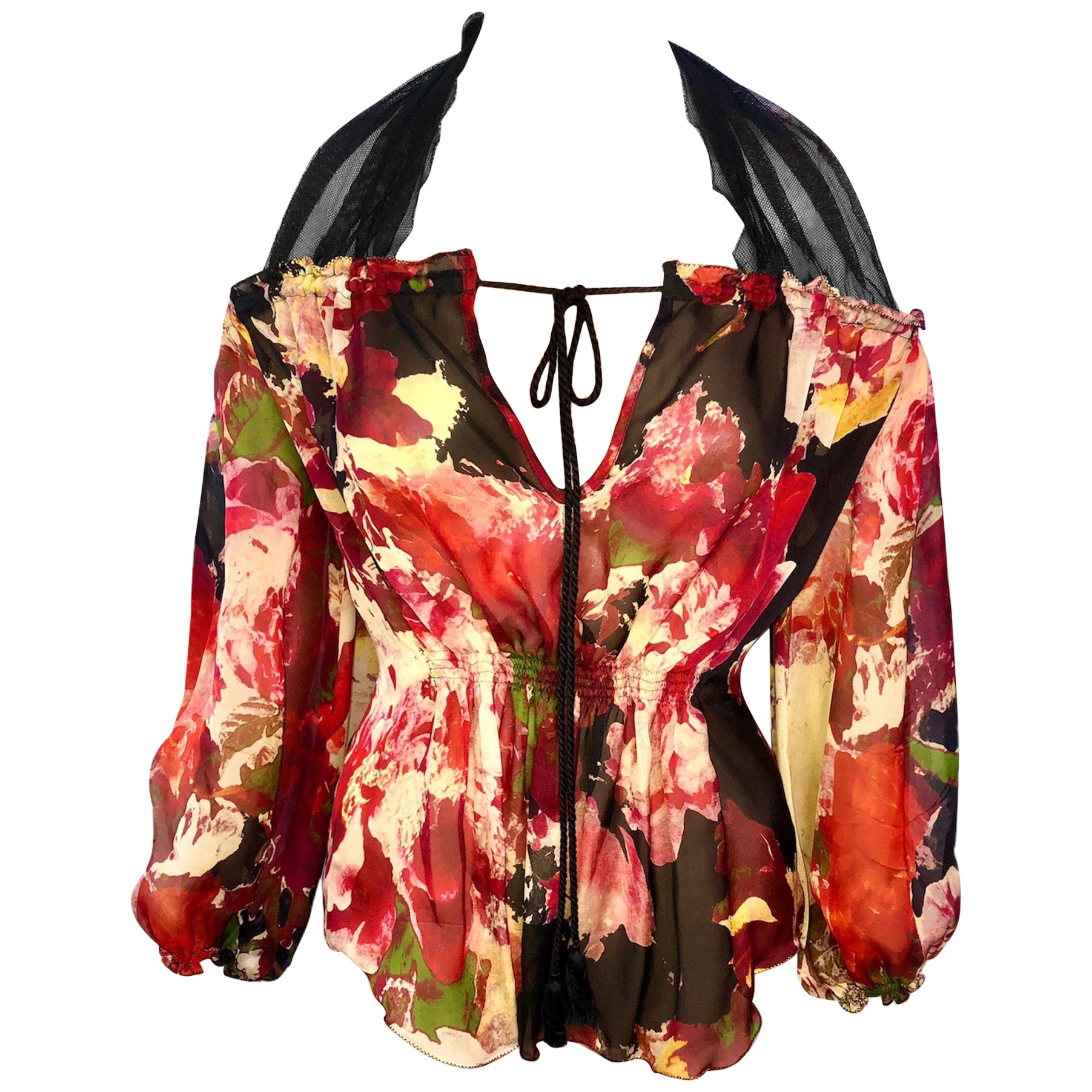 Jean Paul Gaultier Floral Print Semi-Sheer Silk Blouse Top For Sale